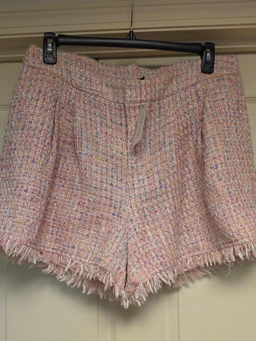 Eloquii Pink Multicolor Tweed High-Waist Fringe Shorts